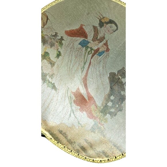 Vintage Fan Silk Hand-Painted Japanese Round Bamboo Handle & Moonlit Lady Design - Picture 7 of 8